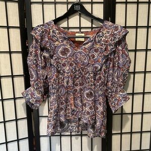 Chufy Memories of Ancient Burma Flowy Silk Cotton Top Small EUC Puff Sleeve